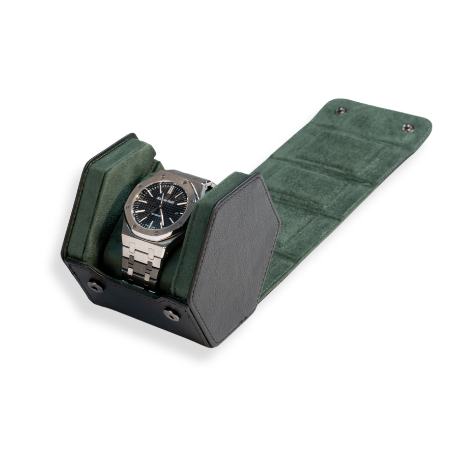 Hex Leather Watch Roll 1 Slot in Black/Green