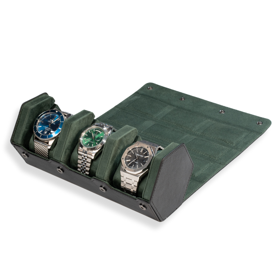 Hex Leather Watch Roll 3 Slots in Black/Green