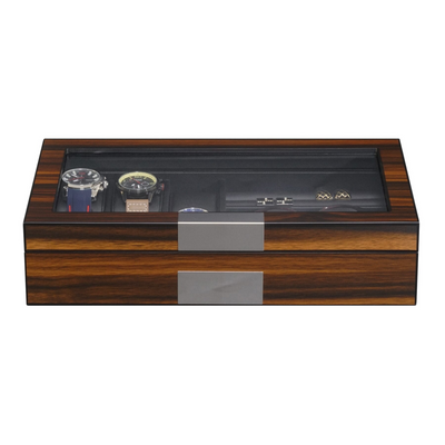 6 Slots Watch Box with Cufflinks and Sunglasses Storage in Ebony Wood