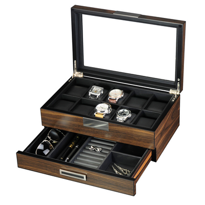 10 Slots Ebony Wooden Watch Box with Drawer