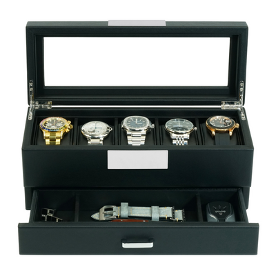 5 Slot Leather Watch Box in Black with Drawers