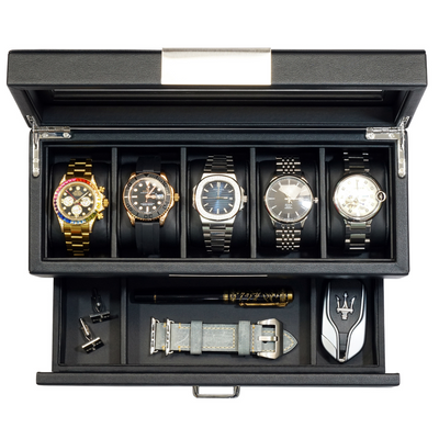 5 Slot Leather Watch Box in Black with Drawers