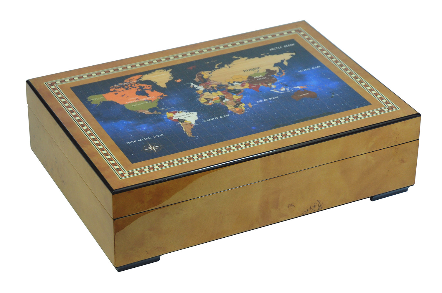 World Map Burl Wooden Watch Box for 6 Watches Jewellery Clinks Australia