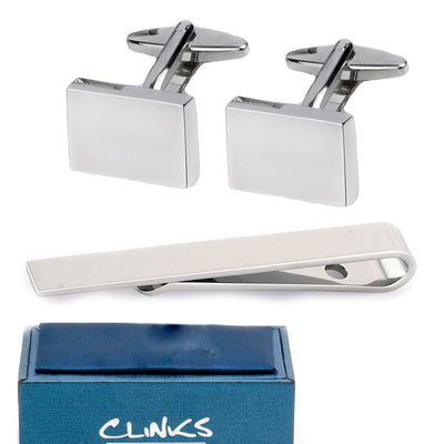 Silver Rectangle Cufflinks & Tie Bar Set